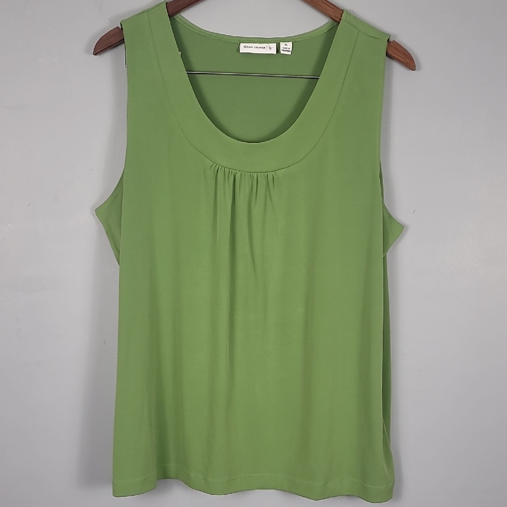 Susan Graver Green Pleated Scoop Neck Tank Top